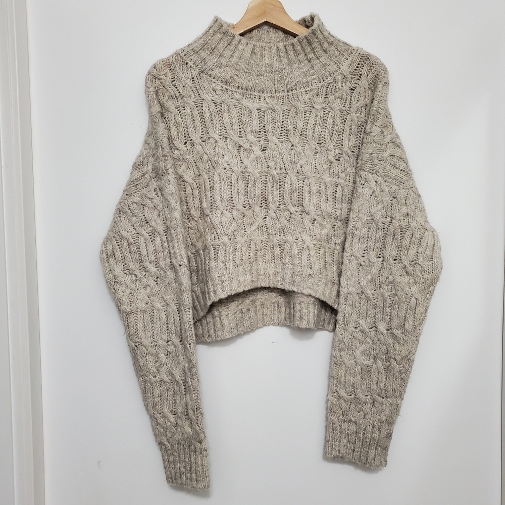 Crescent Large Oversized Cropped Sweater mohair Grey Cable Knit Boxy Turtleneck